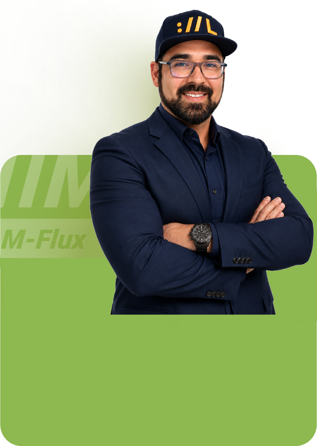 Portrait of a man in a navy suit and cap with an orange logo, arms crossed, wearing a black watch, against a green branded background that reads 'M-Flux'.